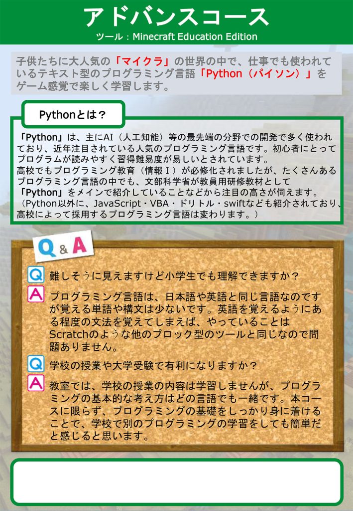 マイクラ × Pythonコースの詳細説明